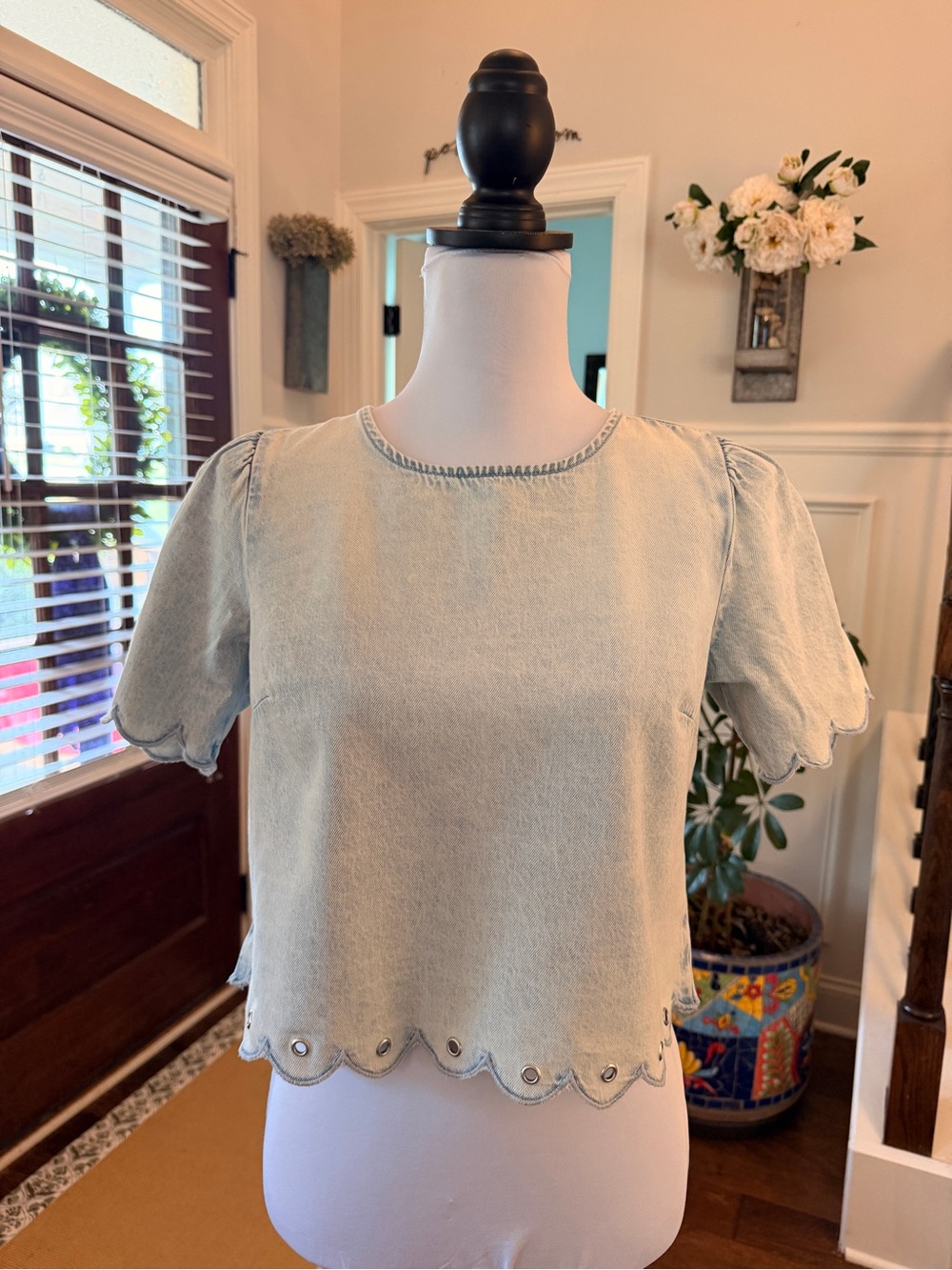 Michael Kors NWT Light Wash Scallop Hem Denim Top with Silver Grommets